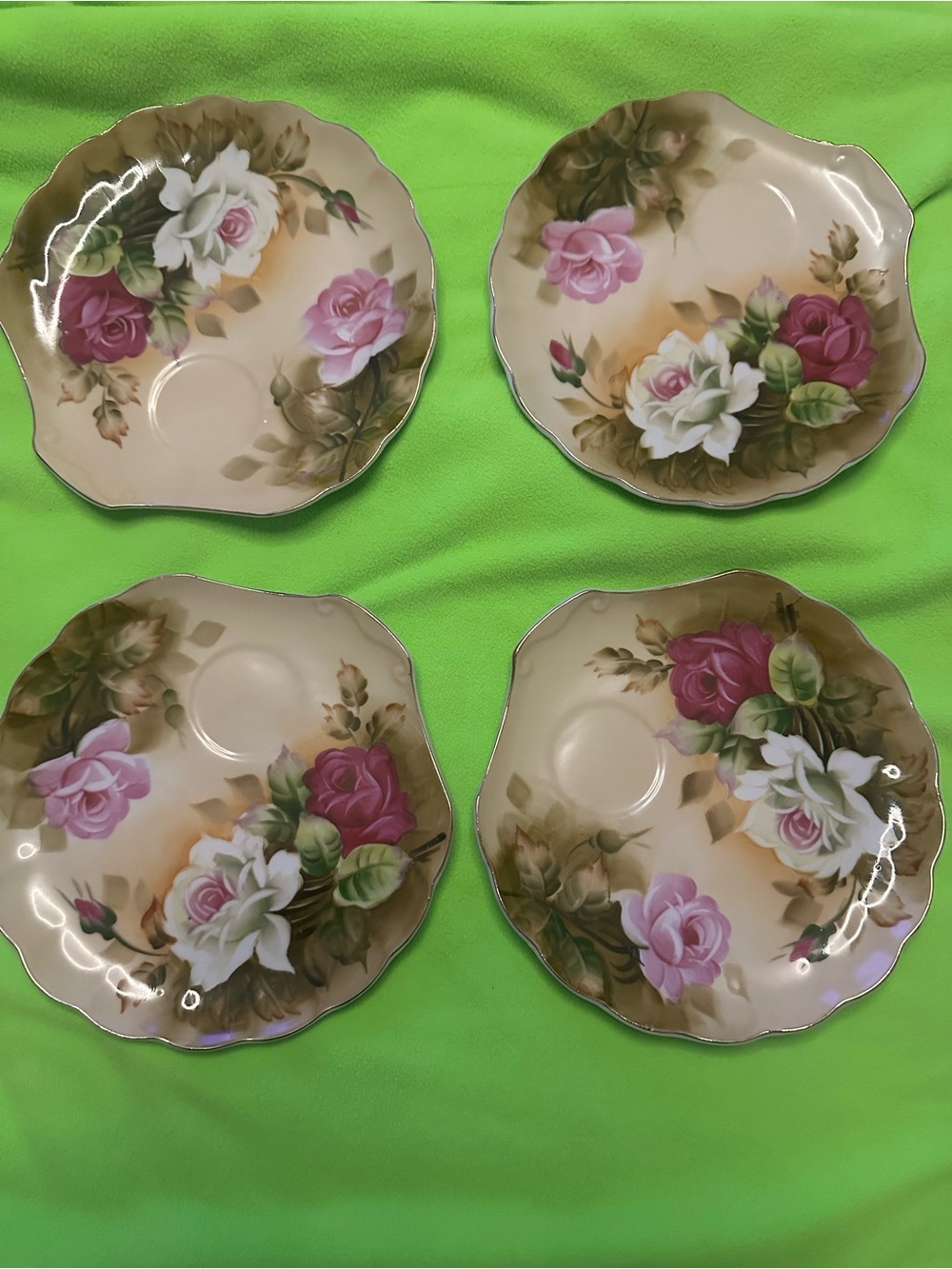 Vintage Floral Saucer Set in Pink and White Roses - Unbranded
